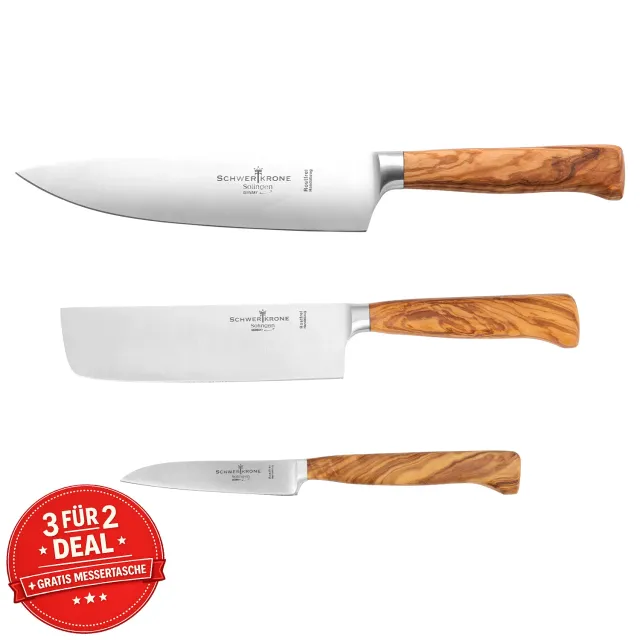 Schwertkrone Antonino Leto set 3 coltelli forgiati olivo