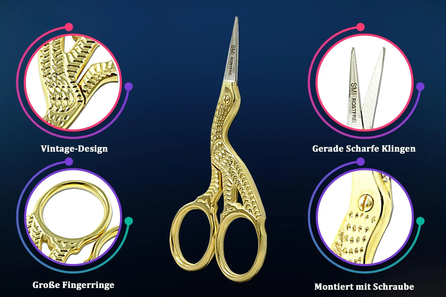 SMI Forbici da Ricamo Cicogna 9 cm Oro con Custodia