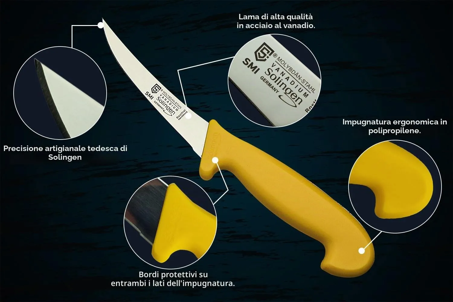 SMI Solingen Coltello Disosso Curvo 5" Flessibile Manico Giallo
