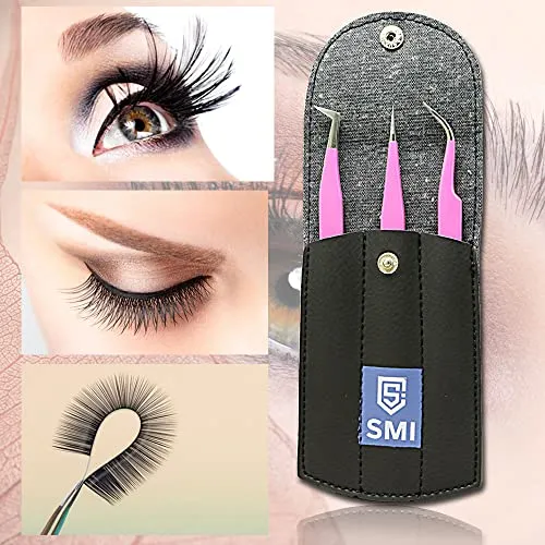 SMI Kit 3 Pinzette Extension Ciglia rosa punta fibra