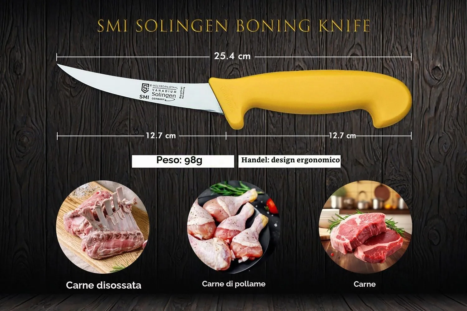 SMI Solingen Coltello Disosso Curvo 5" Flessibile Manico Giallo