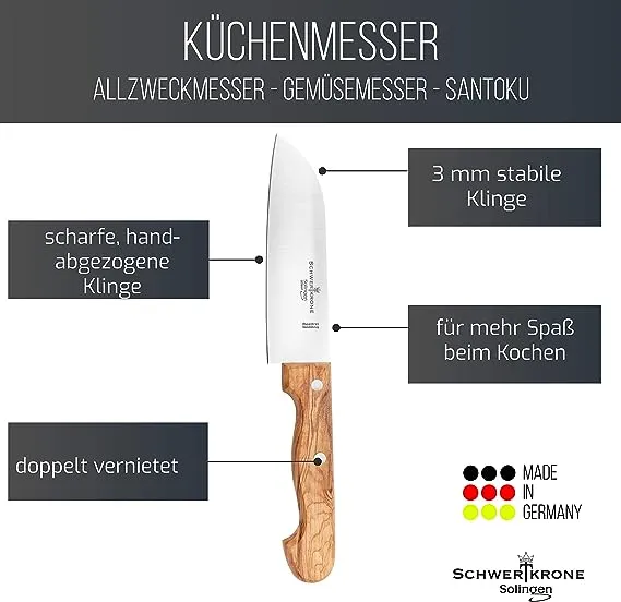 Schwertkrone Olive Classic Santoku 15 cm coltello manico olivo inox