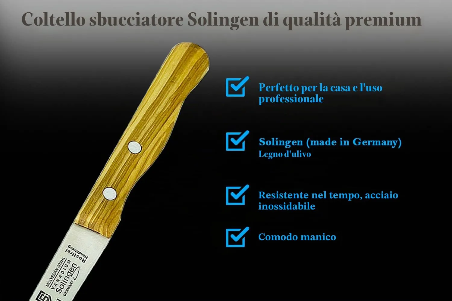 SMI Solingen Spelucchino Dritto 8 cm Manico Legno d'Ulivo