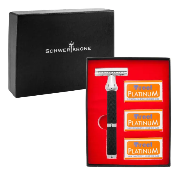 Schwertkrone Rasoio di Sicurezza Nero +15 Lamette Pettine Chiuso