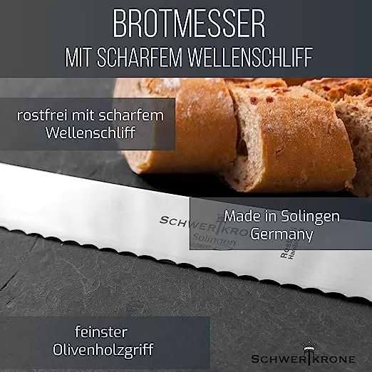 Schwertkrone Olive Classic coltello pane 30 cm manico ulivo