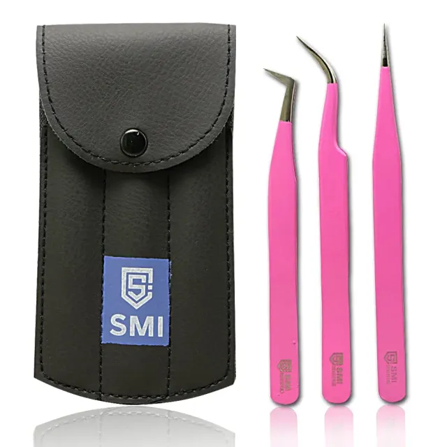 SMI Kit 3 Pinzette Extension Ciglia rosa punta fibra