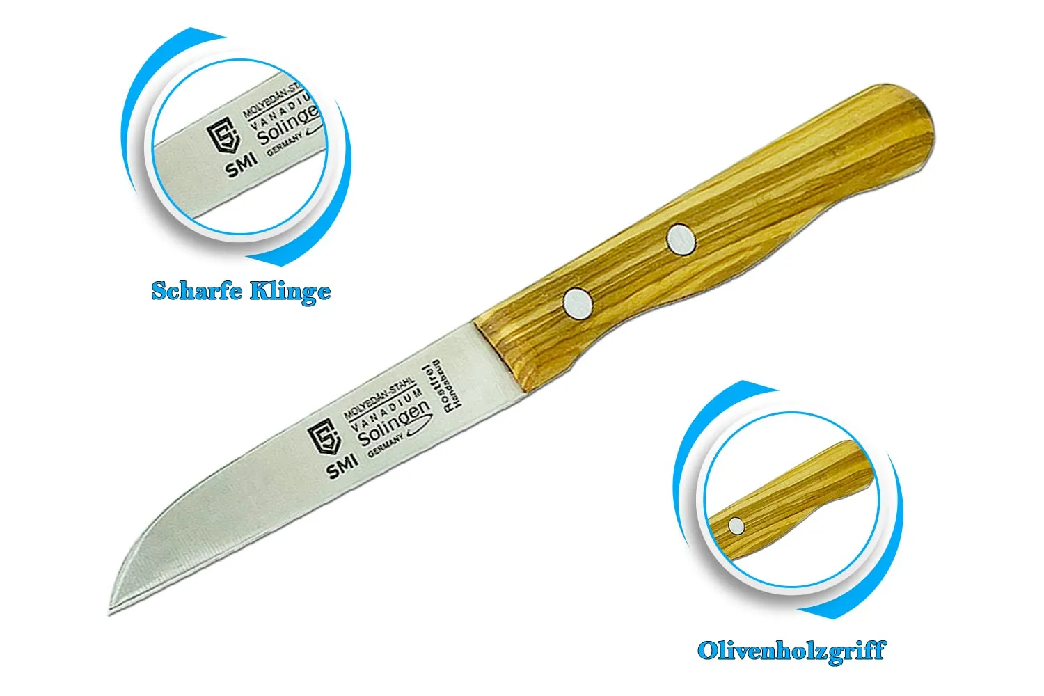SMI Solingen Spelucchino Dritto 8 cm Manico Legno d'Ulivo