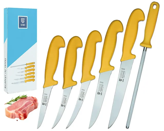 SMI Set 6 Coltelli Macellaio Disosso Gialli Acciaio 1.4116