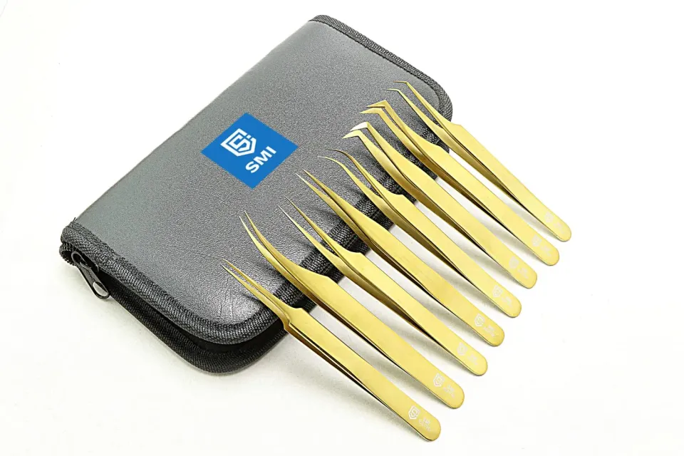 SMI Kit 8 pinzette extension ciglia oro punta fibra