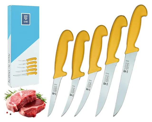 SMI Solingen Set 5 Coltelli Macellaio Gialli Acciaio 1.4116